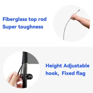 Fiberglass top rod and height-adjustable hook on a beach flag pole