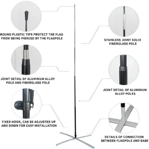 Beach flag pole details: plastic tips, fiberglass and aluminum joints and base connection