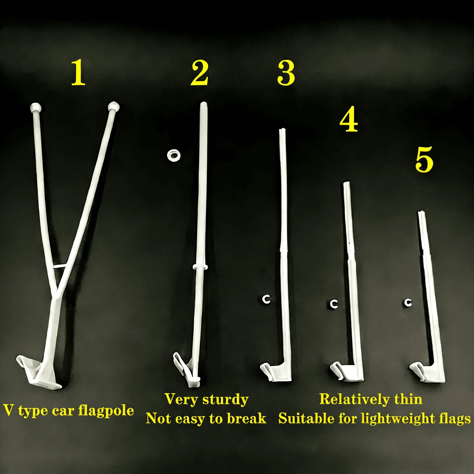 Five types of plastic car flag poles including a V-type pole