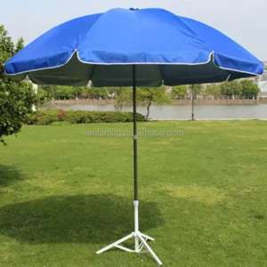 Blue advertising parasol with white edge trim on a white metal cross stand by a lake