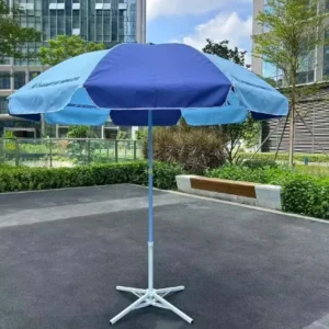 Two-tone blue advertising parasol with printed text on a white metal cross stand