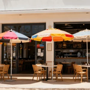 Colorful beach umbrellas outside a beach bar
