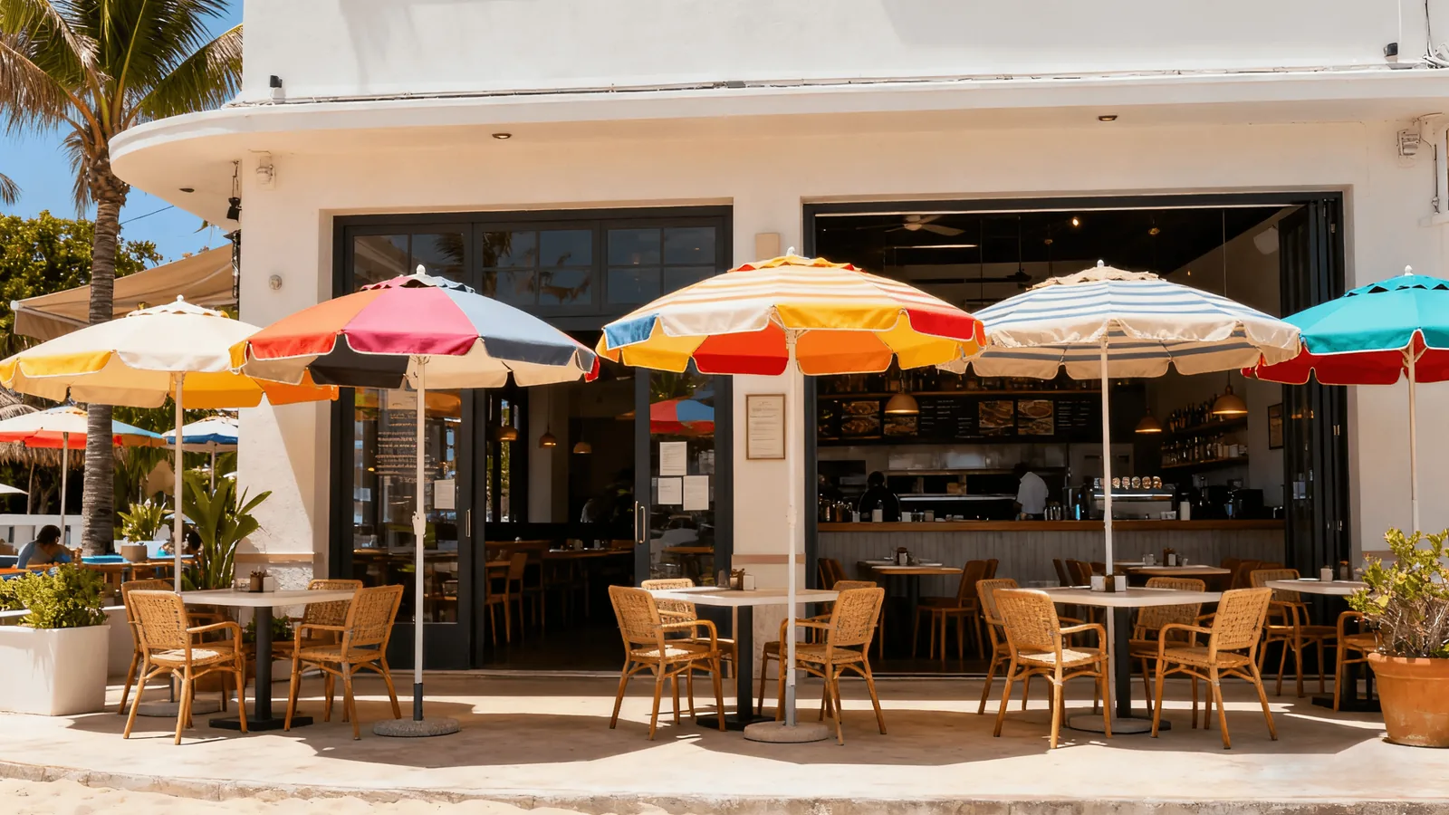 Colorful beach umbrellas outside a beach bar
