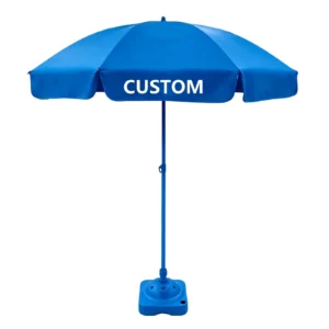 Blue custom beach umbrella with base