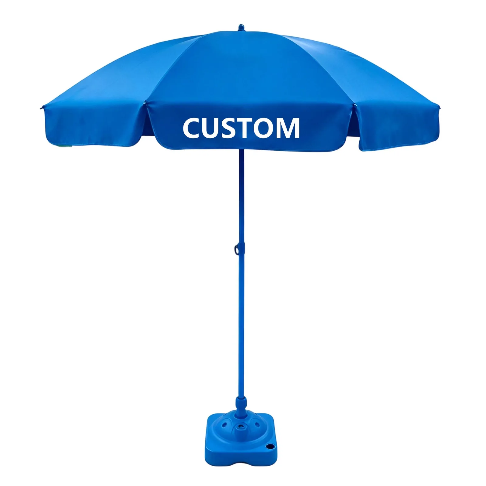 Blue custom beach umbrella shown with its base