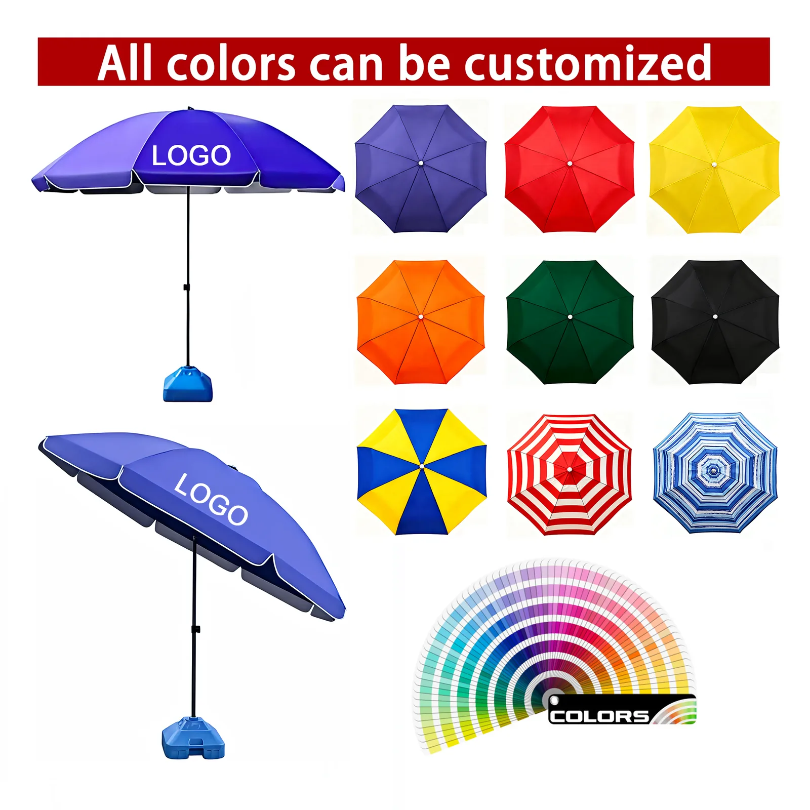 Custom beach umbrellas with printed logo in a range of canopy colors