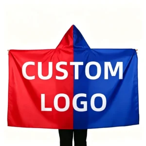 Custom logo body flag worn as a cape, printed in red and blue