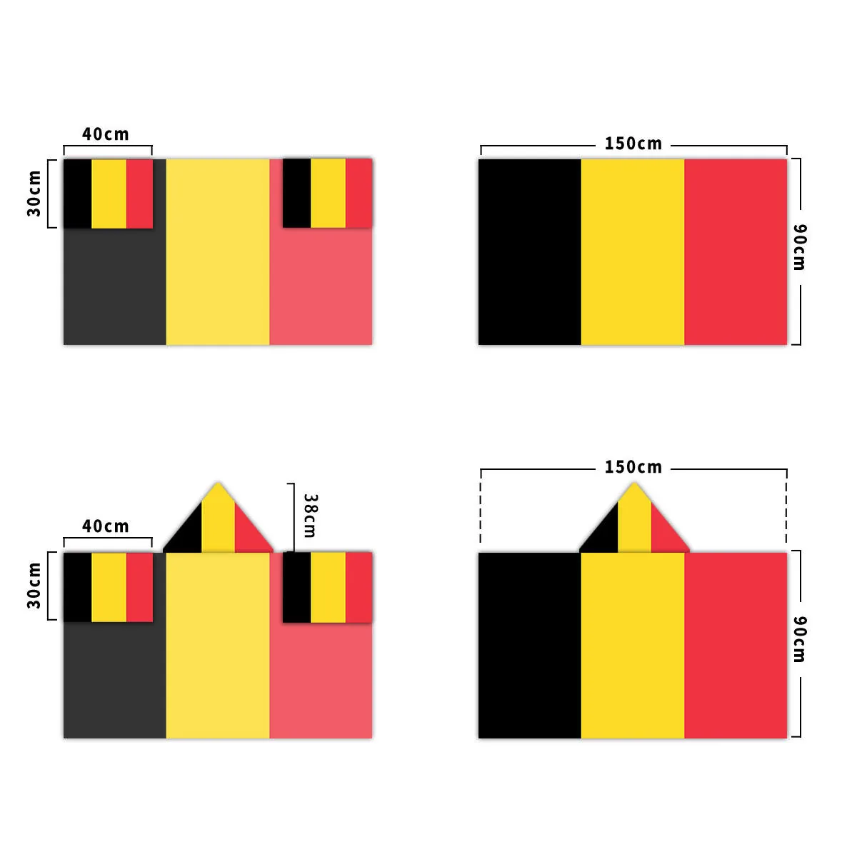 Body flag size diagram showing a 90 x 150 cm flag with sleeves, with and without a hood
