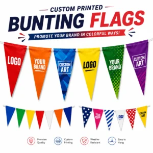 Custom printed bunting flags with logo and brand designs