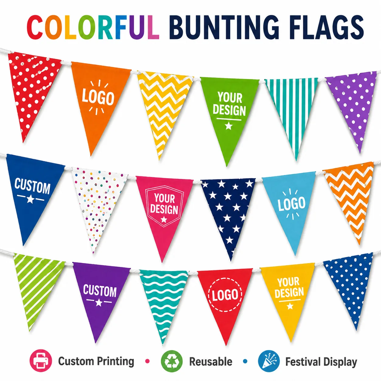 Colorful bunting flags with custom patterns for festival display