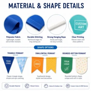 Bunting flag material details: polyester fabric, reinforced stitching, braided hanging rope, and triangle, swallowtail and rounded-bottom pennant shapes