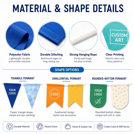 Bunting flag material details: polyester fabric, reinforced stitching, braided hanging rope, and triangle, swallowtail and rounded-bottom pennant shapes
