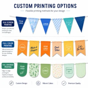 Custom bunting printing options: silk screen, full color and full coverage printing
