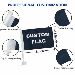 Custom car flag 11.8 x 18 in with double stitching, clip and corner reinforcement