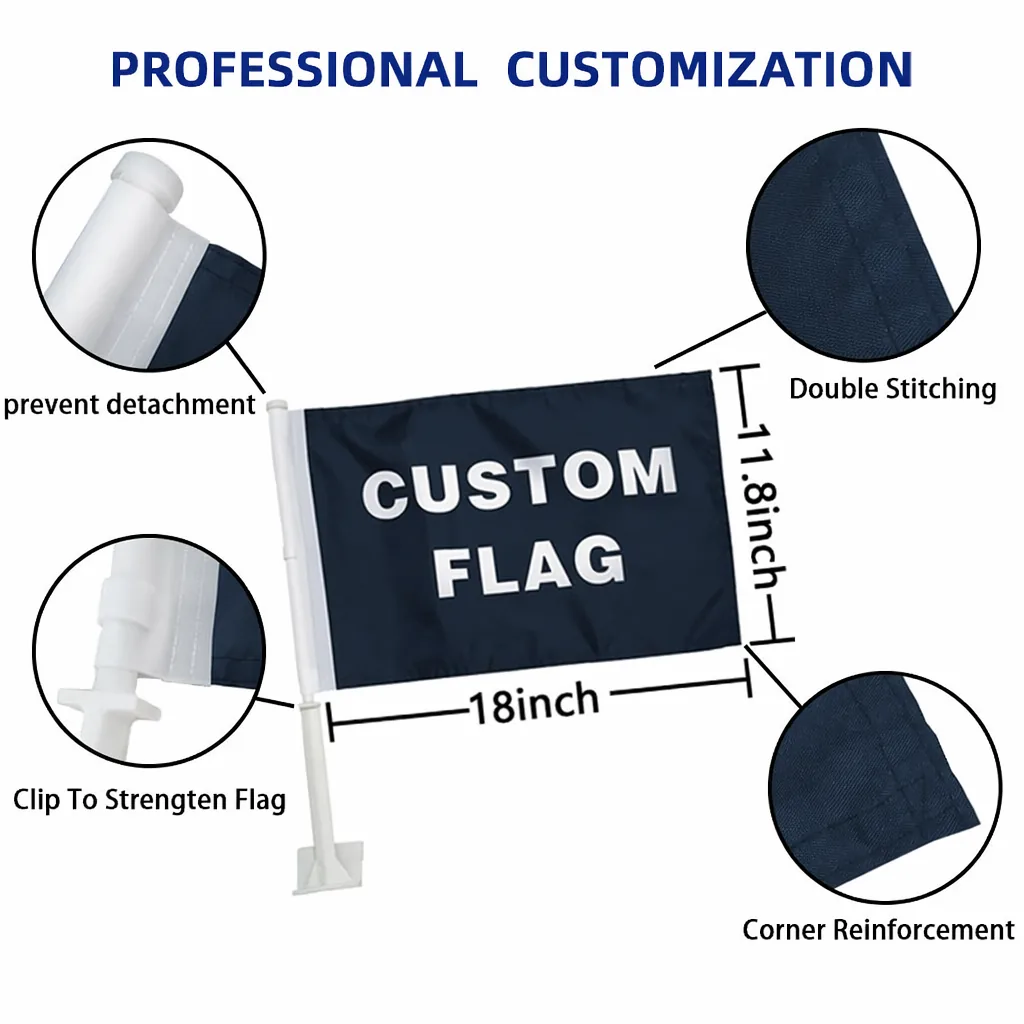 Custom car flag about 11.8 x 18 in (30 x 45 cm) with double stitching, window clip and corner reinforcement