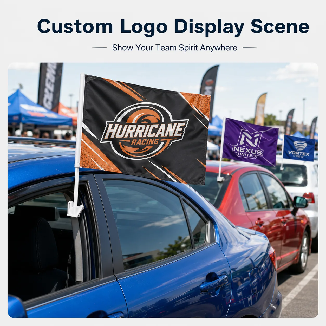 Custom logo car flags displayed on cars at a motorsport event
