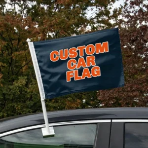 Custom car flag mounted on a car window