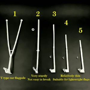 Five types of plastic car flag poles including a V-type pole