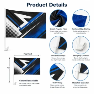Car flag product details including pole sleeve, clip-on mount and custom sizes