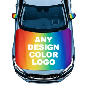 Custom car hood cover printed with a rainbow design and logo