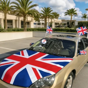 Union Jack car hood cover on a car with matching car flags