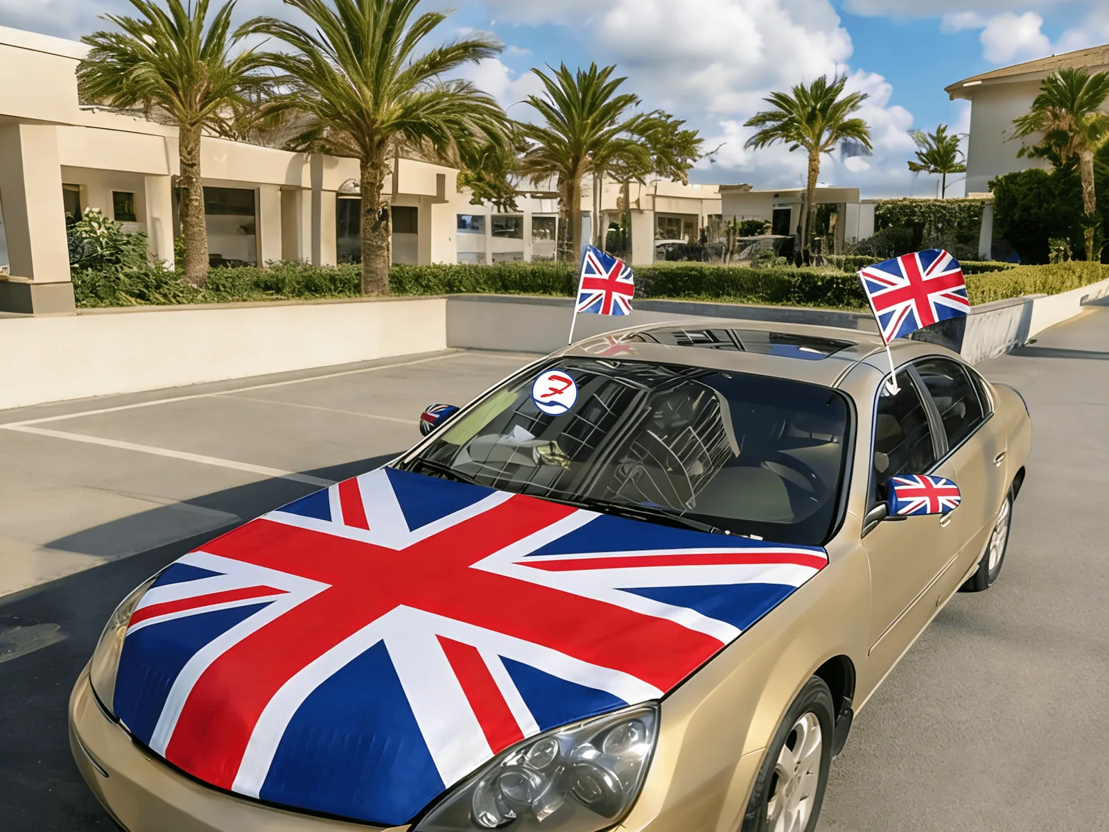 Union Jack car hood cover on a car with matching car flags
