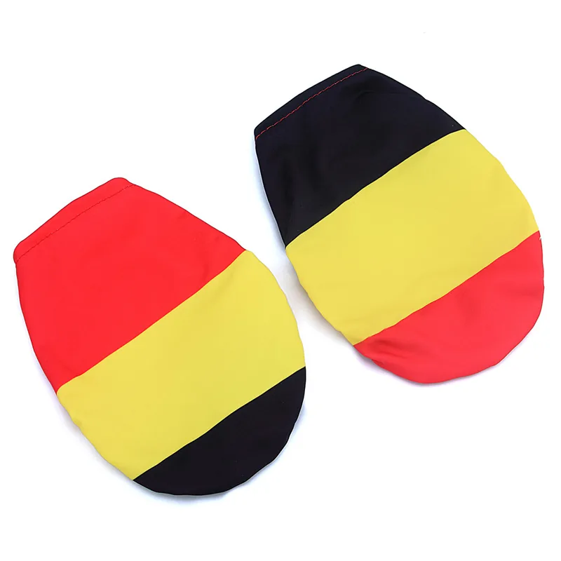 Pair of Belgium flag car mirror covers in polyester-spandex stretch fabric