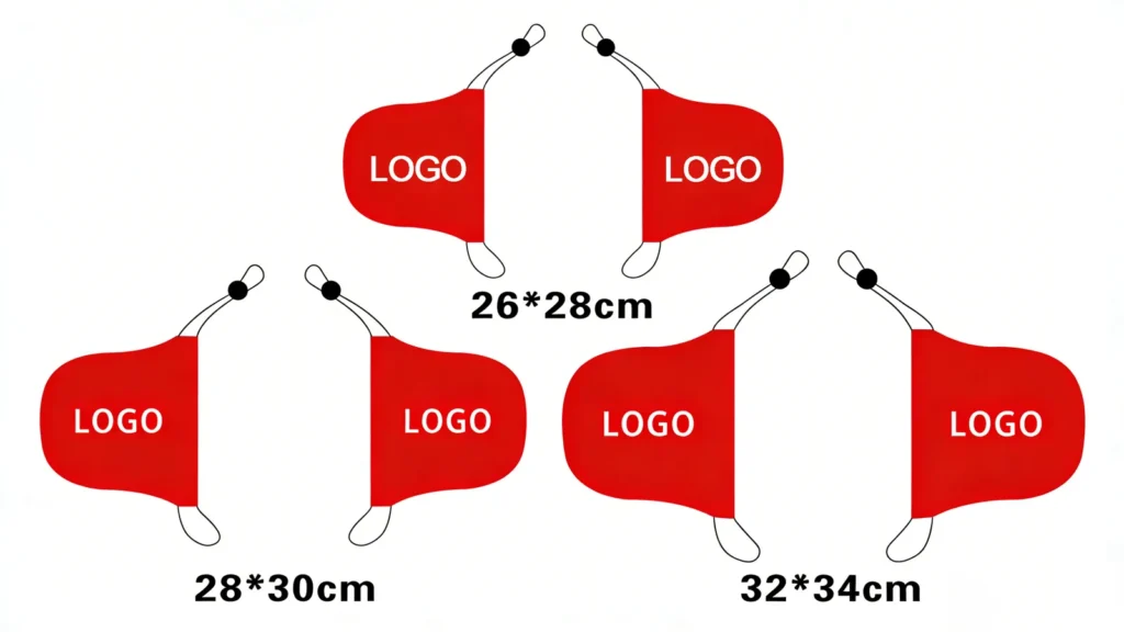Custom logo car mirror covers shown in three sizes