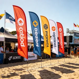Custom printed feather flags lined up at an outdoor beach event