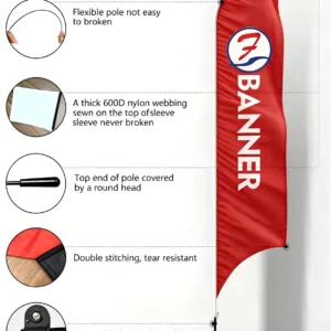 Feather flag details: flexible pole, nylon webbing sleeve, capped top, double stitching and adjustable hook