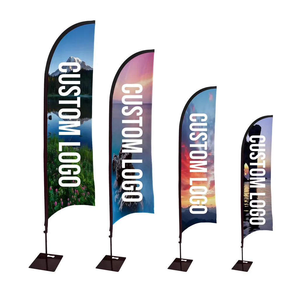Four custom logo feather flags in graduated heights on square bases