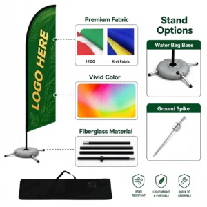 Feather flag kit with 110g knit fabric, fiberglass poles, water bag base, ground spike and carry bag