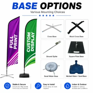 Feather flag mounting options including cross base, ground spike, square plate base and water bases