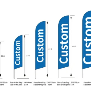 Feather flag size chart from 200 x 50 cm on a 2.8 m pole to 410 x 80 cm on a 5.5 m pole