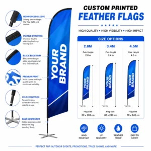 Custom printed feather flags in 2.8 m, 3.4 m and 4.5 m heights
