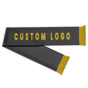 Custom logo knitted fan scarf in black with gold fringes