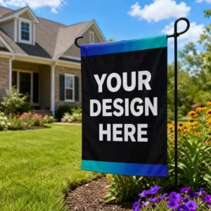 Custom garden flag displayed in a front yard flower bed