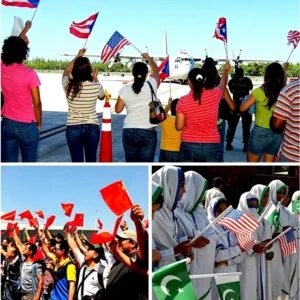 Crowds waving national hand flags at public events