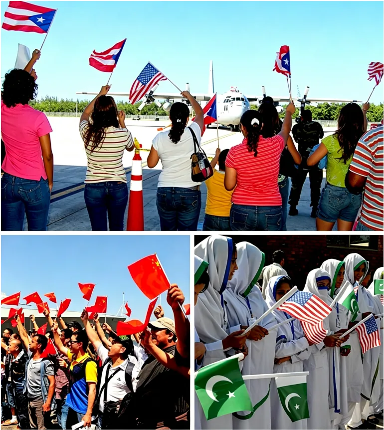 Crowds waving national hand flags at public events