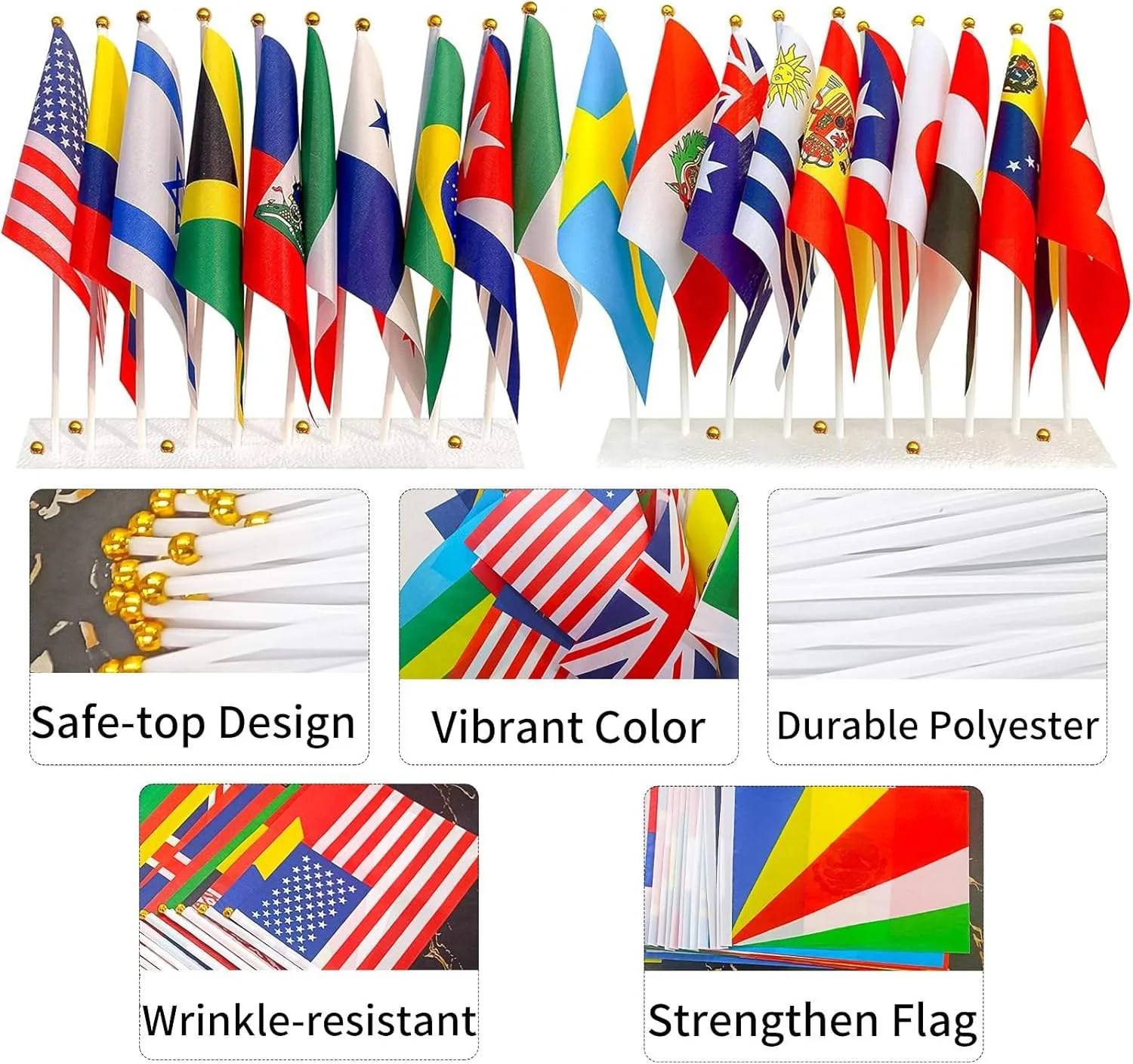 Mini national hand flags on sticks with close-up details of stick tops and polyester fabric