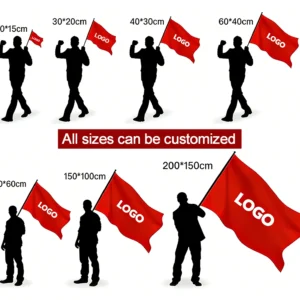 Custom hand flag sizes from 20 x 15 cm to 200 x 150 cm