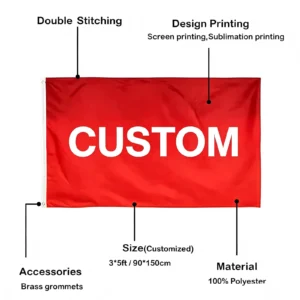 Custom 3 x 5 ft polyester flag with double stitching, brass grommets and printed design