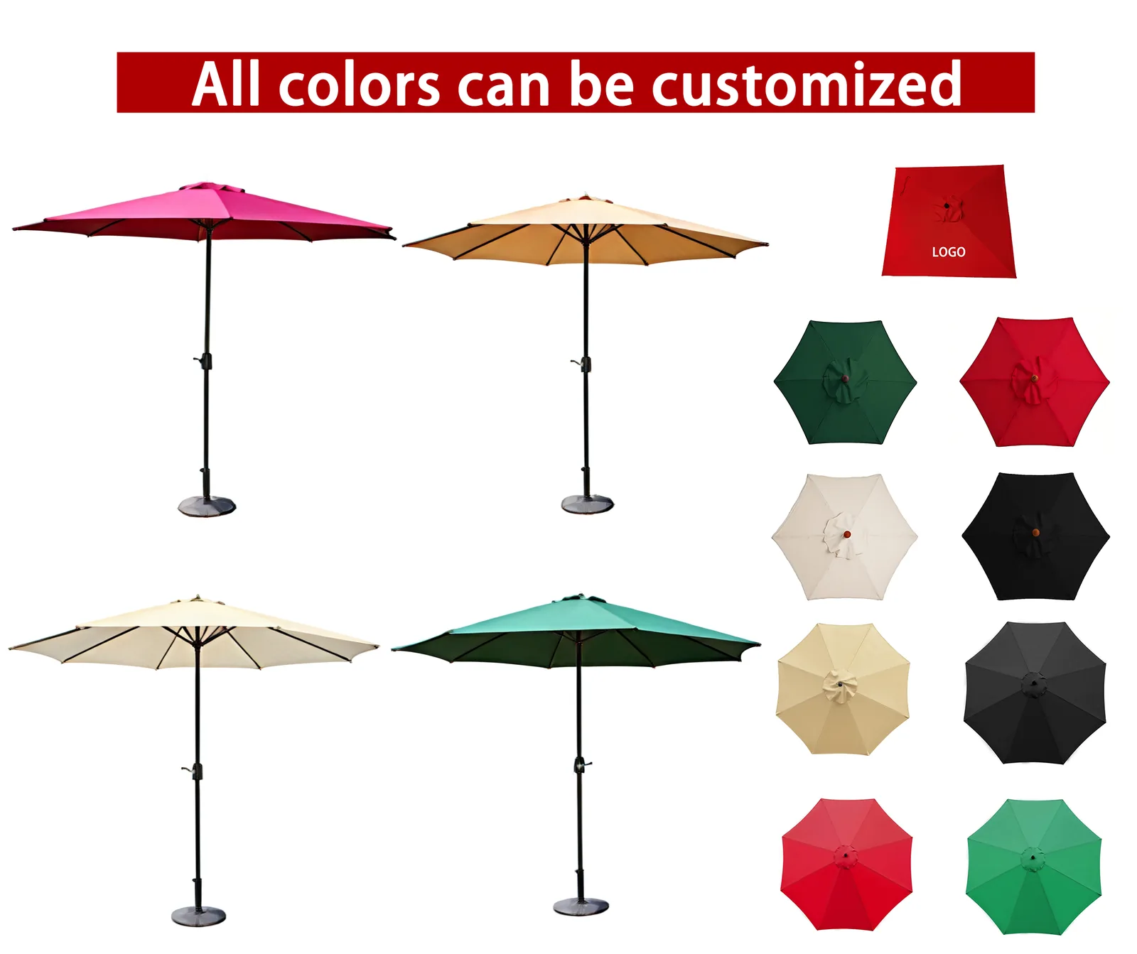 Patio umbrellas with printed canopies in custom colors