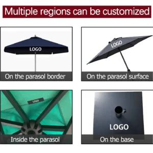 Patio umbrella logo positions: border, canopy, inside and base