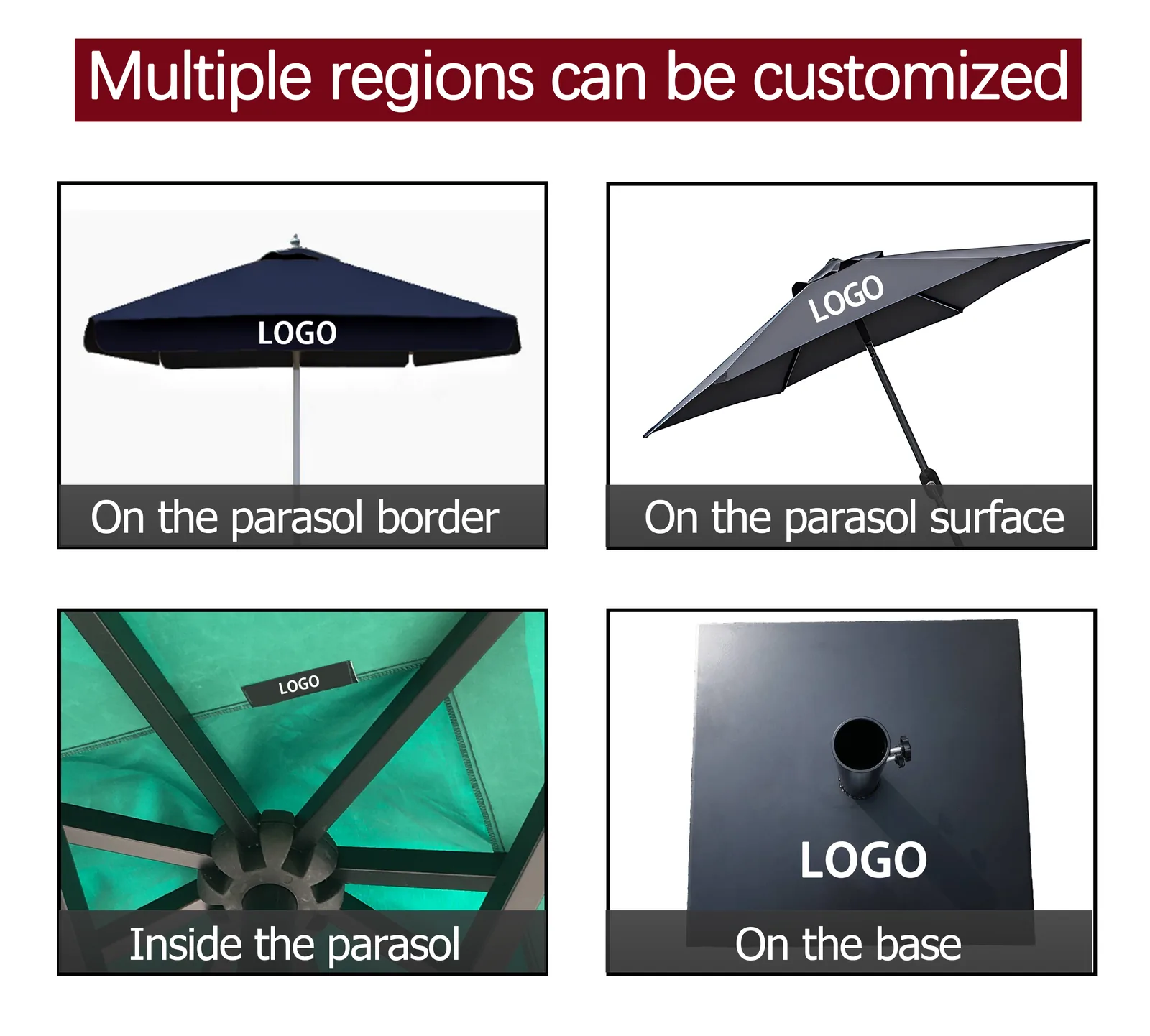 Patio umbrella logo positions: on the border, on the canopy surface, inside the canopy and on the base