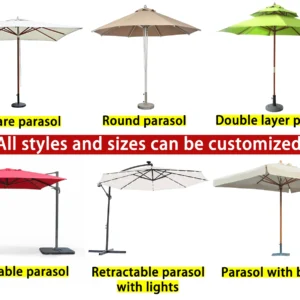 Patio umbrella styles: square, round, double-layer, cantilever, with lights and with border