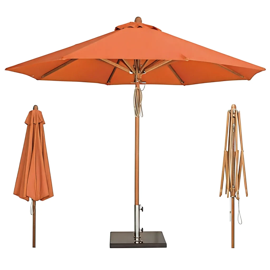 Orange patio umbrella with wooden frame, open and closed