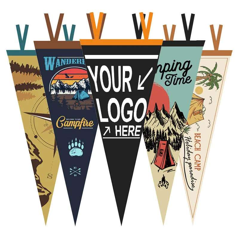 Custom felt pennant flags with camping designs and logo
