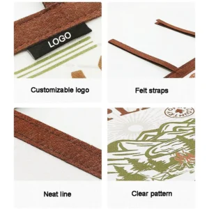 Pennant flag details: custom logo patch, felt straps, neat stitching and clear pattern