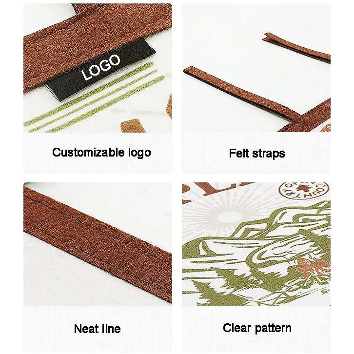Felt pennant flag details: custom logo label, felt straps, neat stitching and clear printed pattern